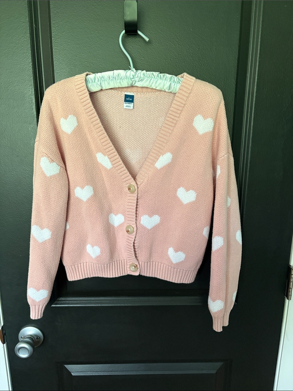 Old Navy girls cardigan large 10/12 pink with white hearts